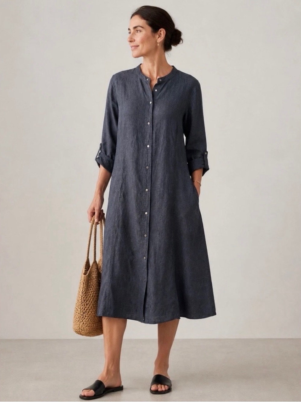 Eileen Fisher 100% linen midi dress minimalist snap closure size S